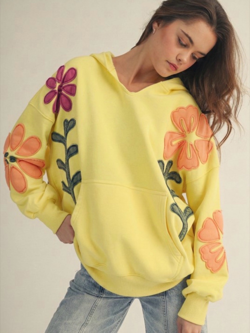 Free People It's a Vibe Large Yellow Floral Hoodie Sweatshirt - Women - Picture 2 of 3